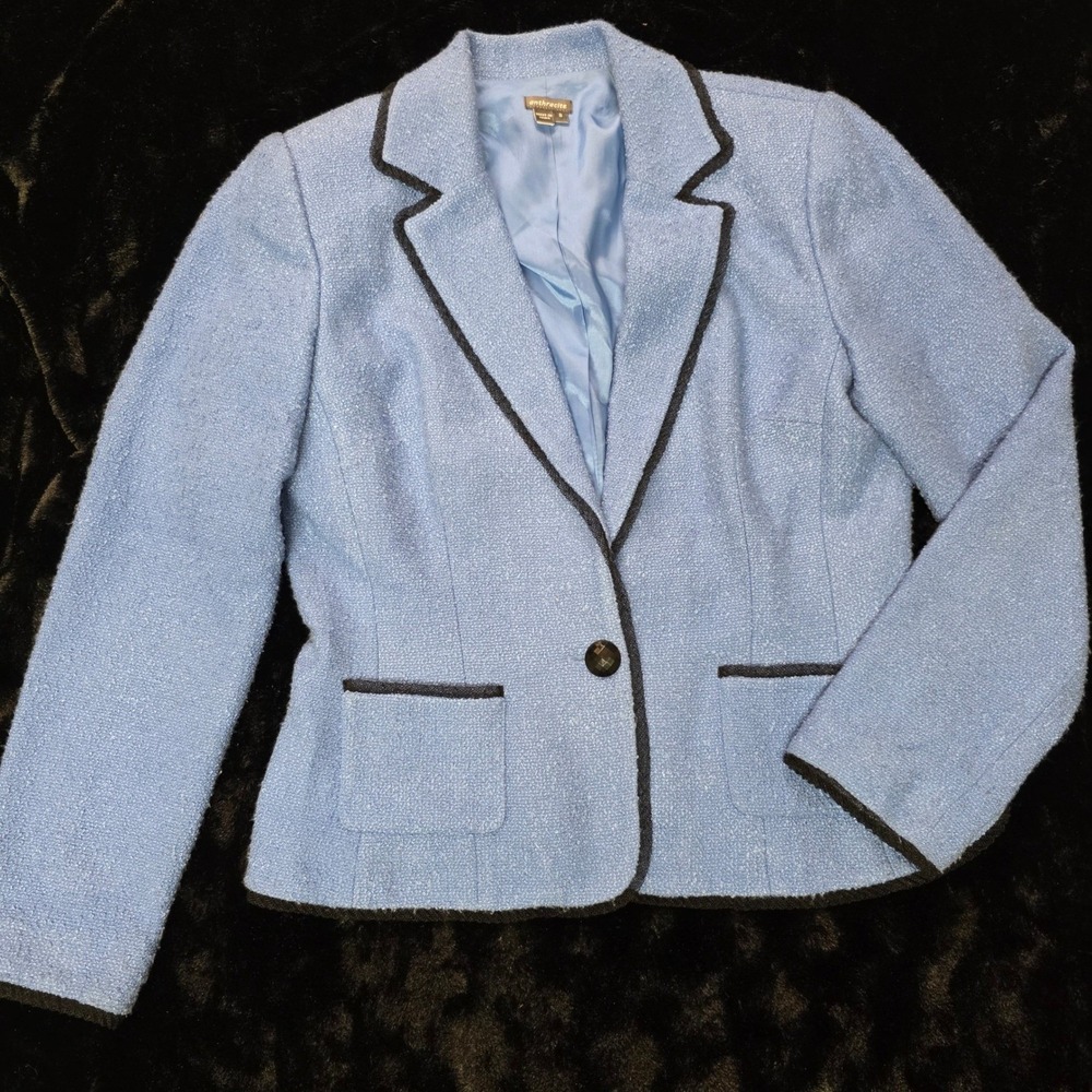 Anthracite‎ Blazer Women Size 8 Blue Lace Trim Boucle Textured Jacket GUC